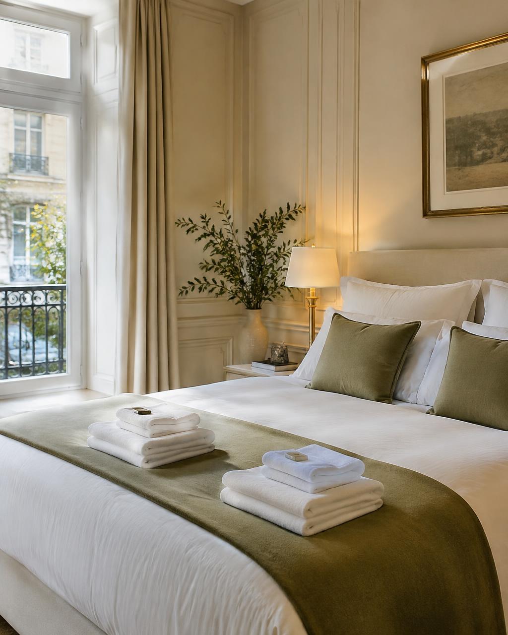 Chambre préparée avec linge frais